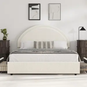 GAOMON Queen Size Boucle Bed Frame with 2 Storage Drawers, Soft Upholstered Platform Bed Frame with Round Headboard, Heavy Duty, Wooden Slats, Noise Free, No Box Spring Needed, Beige