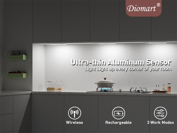 Diomart Aluminum Rechargeable Battery Operated Motion Sensor Lights Indoor Under Cabinet Lighting TYPE C Charging with Cable Wireless Smart Lights for Kitchen Bedroom Stairs White Warm