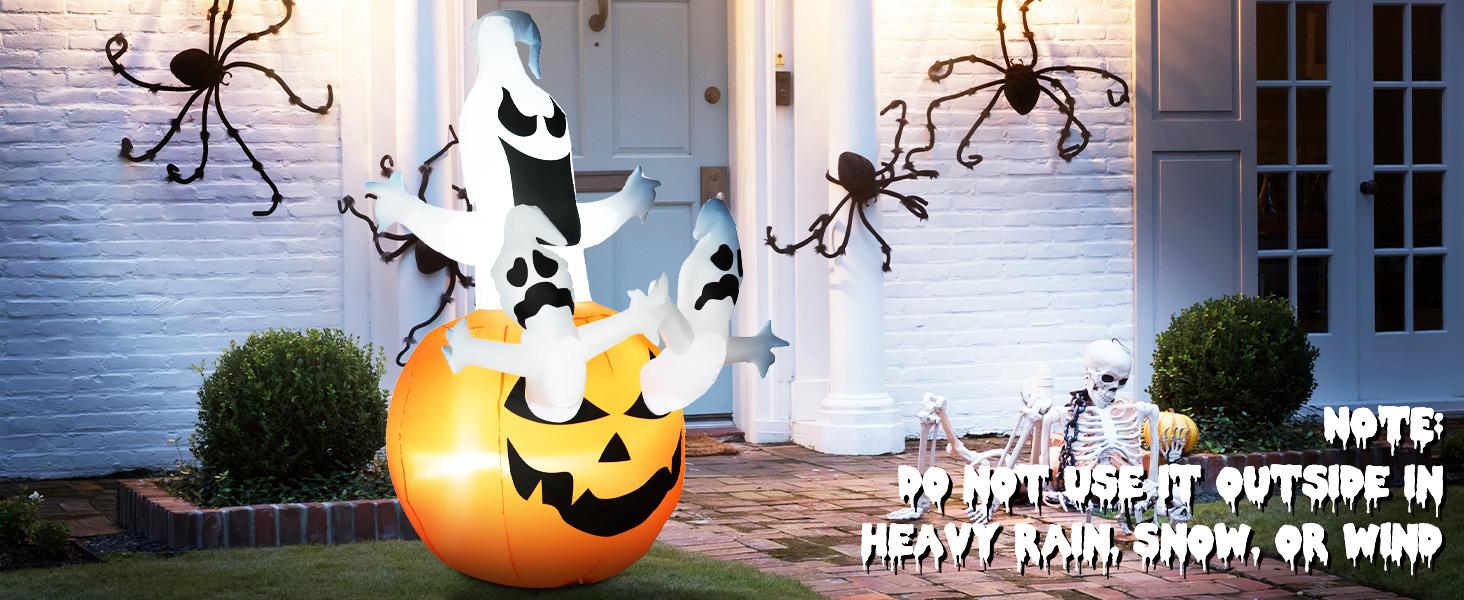 HOMCOM 6' Inflatable Halloween Jack-O-Lantern Pumpkin and Ghosts , Blow Up Outdoor LED Yard Display, Waterproof