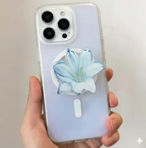 Blue and Pink Lily Flower Phone Grip MagSafe, Cute Floral Coquette Aesthetic Phone Socket, Pastel Blue Lily Pad Stand, Girly Phone Accessory