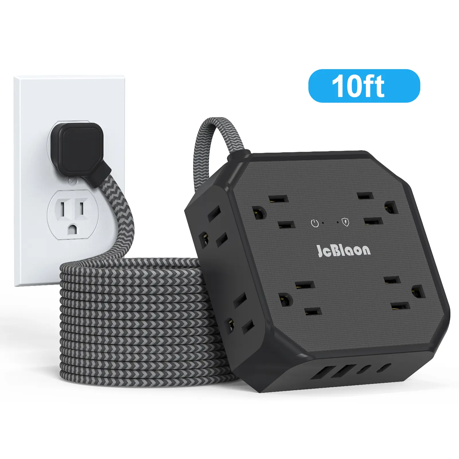 ETL-Certified Surge Protector Power Strip - 10FT/15FT Braided Extension Cord, 3-Sided Square Shape Outlet Extender, 8 Outlets & 4 USB Ports (2 USB-C) for Home Office, Black