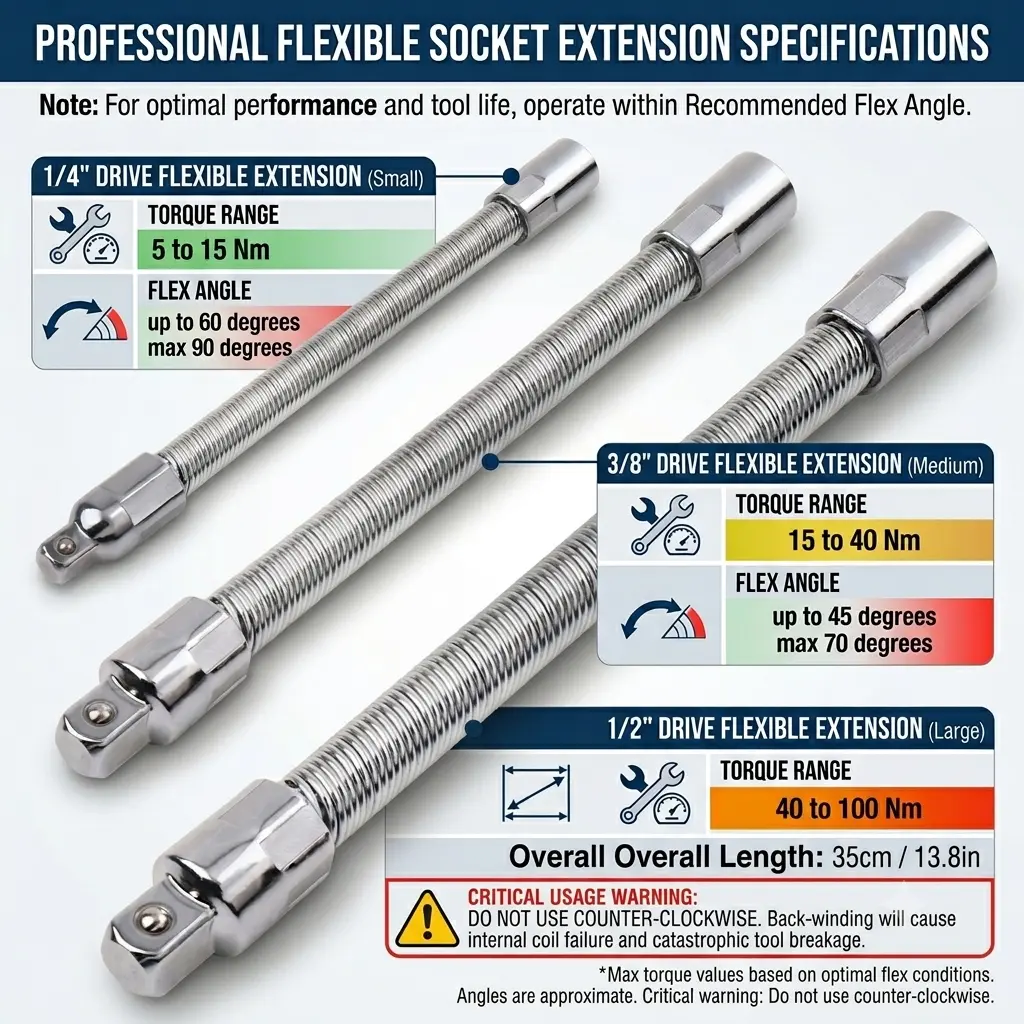1/2 Inch Shank Flexible Socket Extension Ratchet Work Tool, 350mm Length, Heat-Treated Chrome Vanadium Alloy Steel Construction, Flexible Spring Steel Shaft, Anti-Rust, Durable, High-Tolerance, for Automotive Repair, Work Tools, Tools And Gadgets, Auto Ac