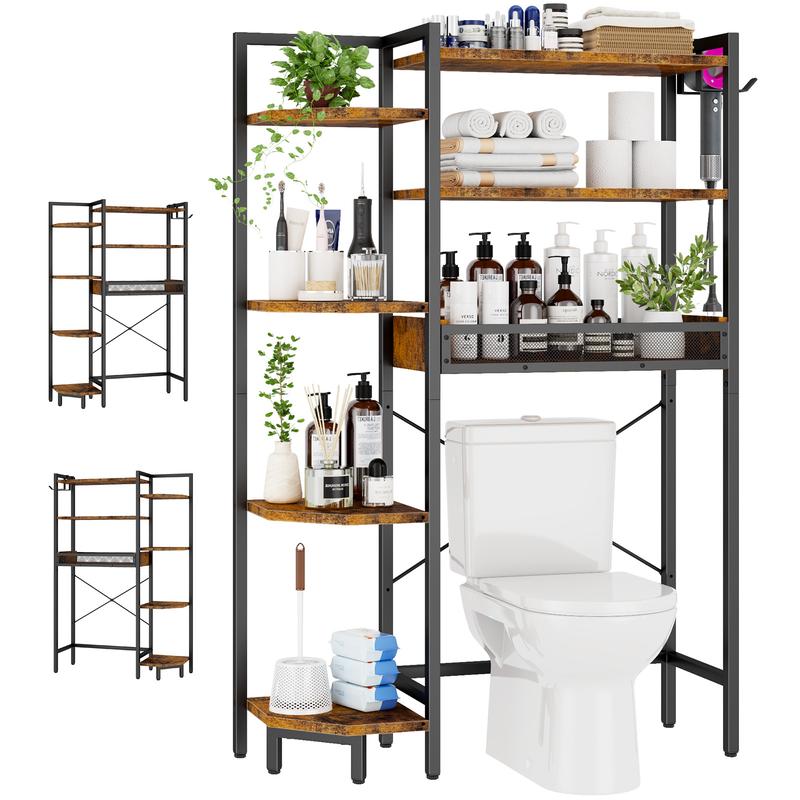 K1 Heavy Duty 7-Tier Over The Toilet Storage（With Basket and Paper Hook）Freestanding Above Toilet Shelf with Adjustable Feet，Space Saver Bathroom Shelves 9.3"D x 33.5"W x 63.8"H，Rustic Brown