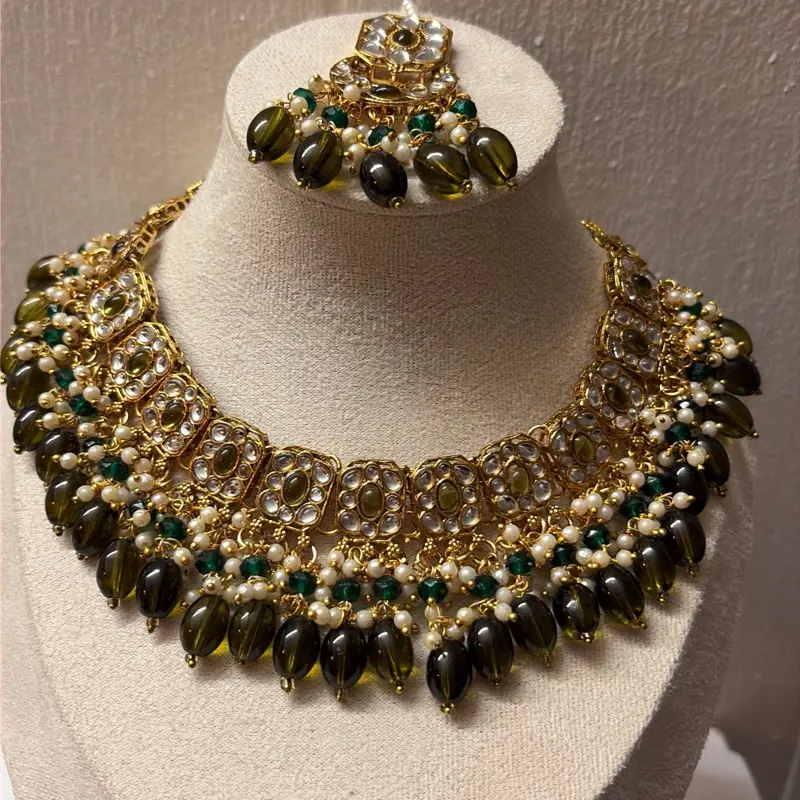 Women's Elegant Indian 3-Piece Costume Jewelry Set - Olive Green Necklace, Jhumka Earrings, Metal-Coated Tika, Ideal for Weddings, Festive Occasions (Choking Hazard Small Parts), Wedding, Metal Coating, Female, Party