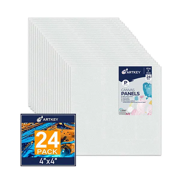 Canvas Panels 4x4 Inch 24-Pack, 10 oz Primed 100% Cotton White Blank Small Canvases for Painting, Square Flat Canvas Board for Oil Acrylics Watercolor & Tempera Paints
