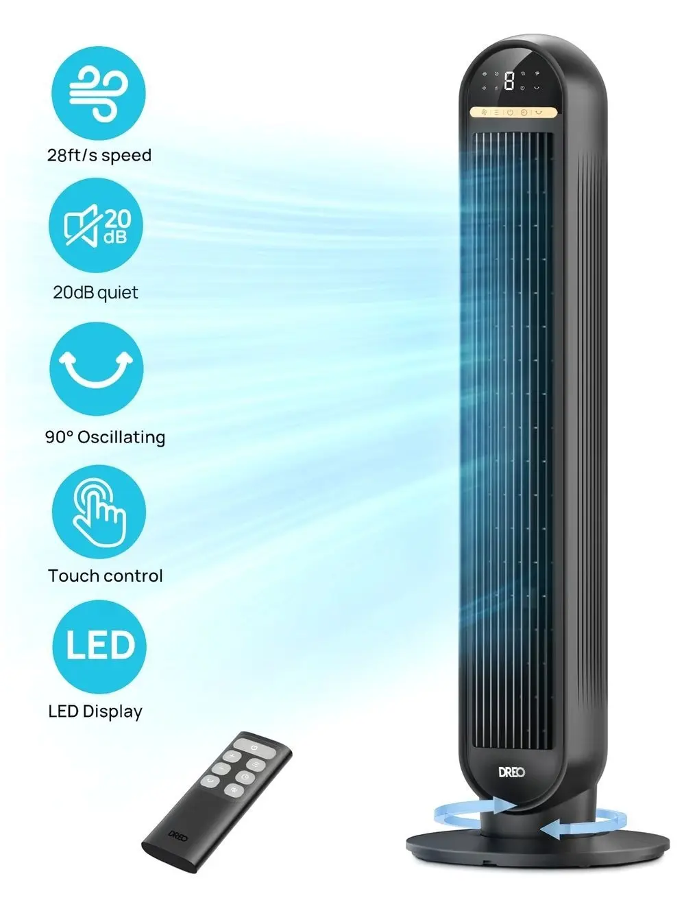 DREO 36" Tower Fan, 20dB Ultra Quiet Fans for Home, 8 Speeds & 4 Modes, 28ft/s Powerful Airflow, 90° Oscillating Standing Fan with Remote, 8H Timer, 2026 New Upgraded
