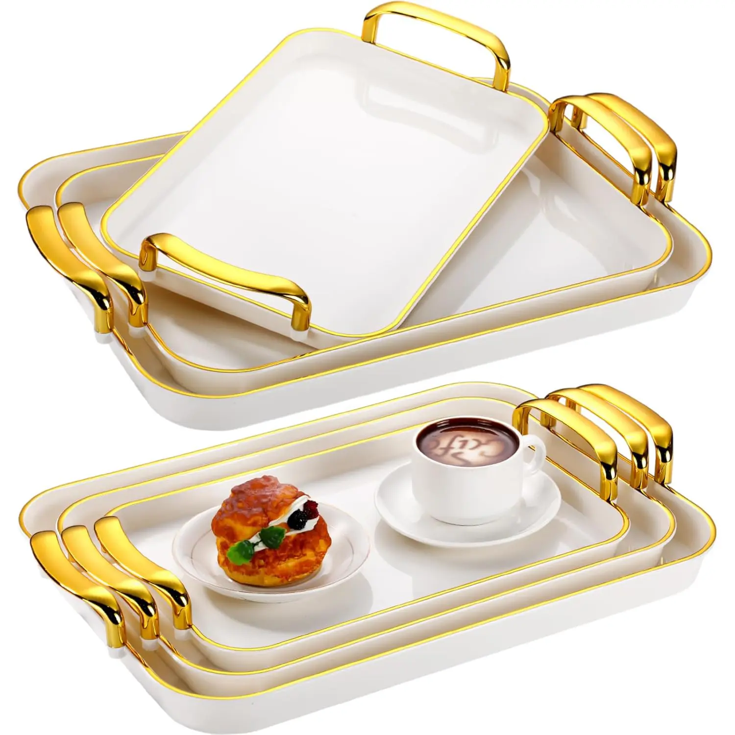 Cream Gold 3-Piece Rectangular Stackable Reusable Plastic Trays with Handles for Party Hosts, Varying Sizes Ideal for Serving Cold Cuts, Fruit, Three Pieces