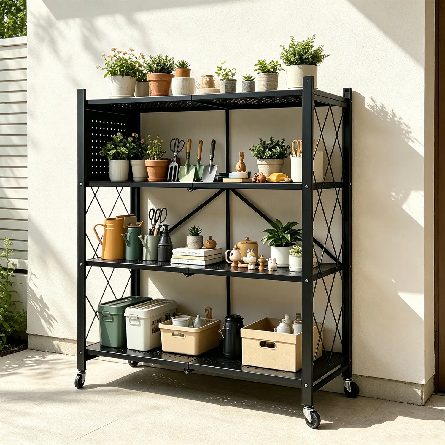 4-Tier Collapsible Metal Frame Rectangular Utility Rack - Kitchen Organization Solution, Small Standing Shelf Units, Black Storage Holder for Kitchen, Pantry, Four-Tier Collapsible Standing Shelf Units
