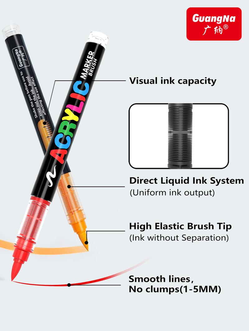 GuangNa 120/240/360 Acrylic Markers with Elastic Brush Tip Quick-Drying Waterproof Ink for Rock Wood Ceramic Glass Canvas Plastic Metal Art Crafts Supplies Gift