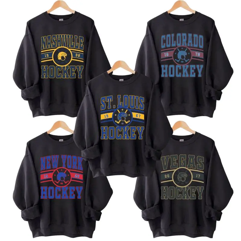 Vintage Hockey All Team Crewneck Black Sweatshirt, Hockey Fans Shirt, Thowback Retro Style All Team Unisex Sweater