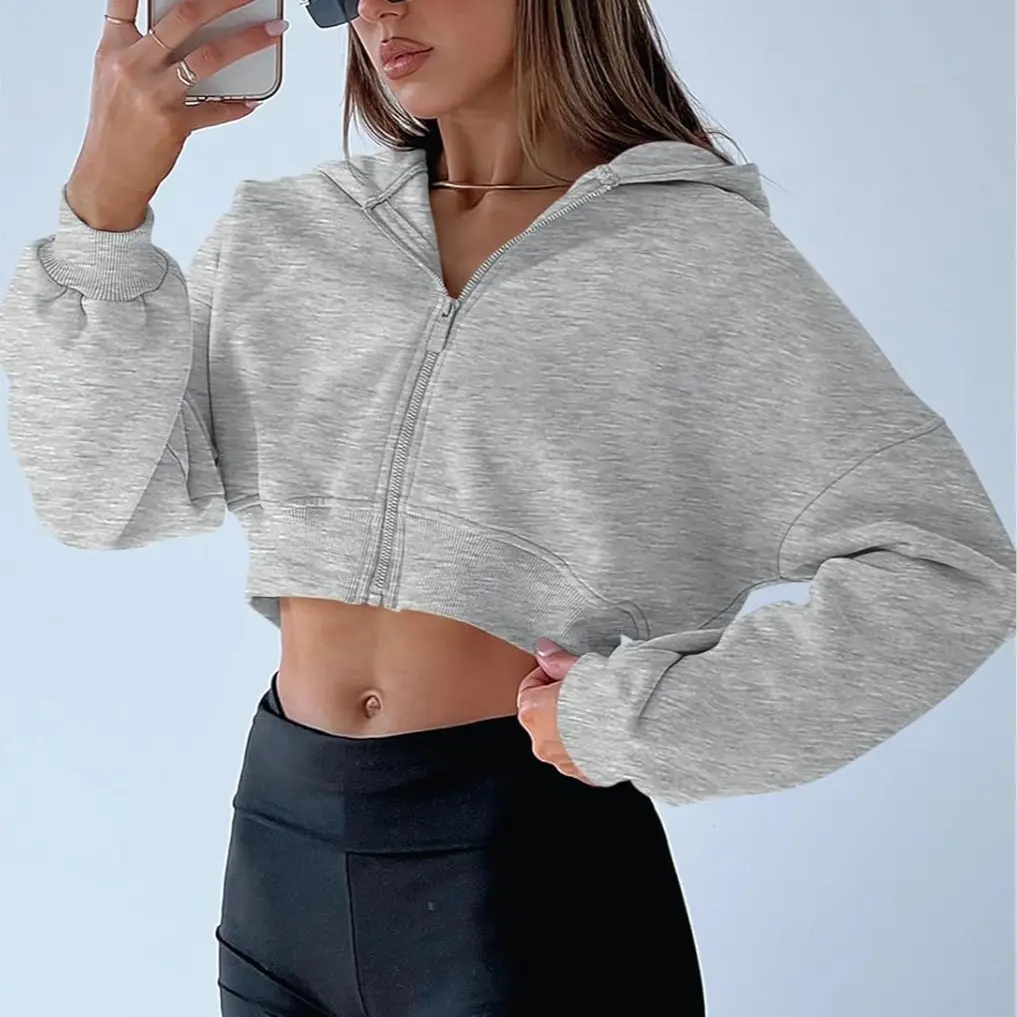 Fisoew Women's Cropped Zip Up Hoodie Sweatshirts Long Sleeve Casual Loose Y2K Pullover Tops Clothes Womenswear comfort hoodies,back to school,back to school shopping,clothes for back to school,first day of school outfits
