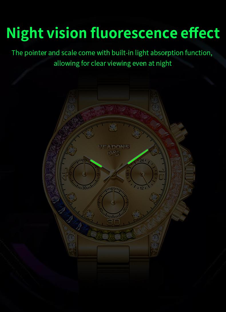 VEADONS Men's Business Fashion Rhinestone Decorated AnalogQuartz Watch Rainbow Crystal Chronograph Quartz Movement Luminous Date WaterResistant for Party Daily Wear Birthday Gift with Box