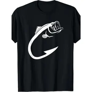 Men'S Cotton T-Shirt | Black with White Fishhook Geometric Print | Round Neck,  Short Sleeve | Breathable & Comfortable | Machine Washable | Ideal for Fishing Enthusiasts & Art Lovers | All-Season Casual Wear,  Fishing Shirt