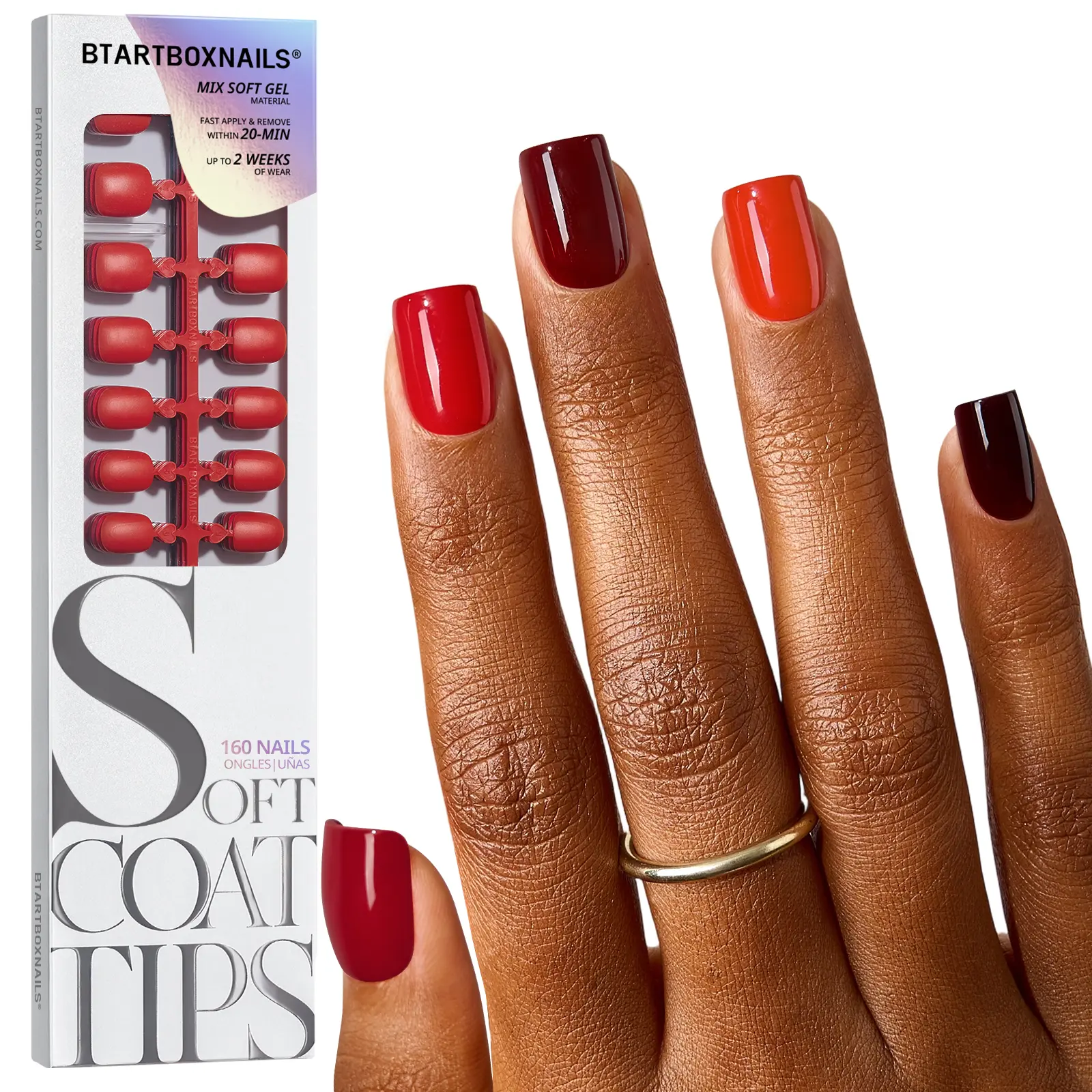 btartboxnails SOFTCOATTIPS Red Nail Tips - Square or Almond or Stiletto Press on Nails,4-Week Wear Easy-to-Apply, Soak Off, Salon Quality Value at Home, 16 Size - 160 Fake Nails