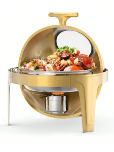 Gold Round Roll-Top Chafing Dish Set - Commercial-Grade Stainless Steel Buffet Warmer With Glass Viewing Window For Weddings, Catering & Events