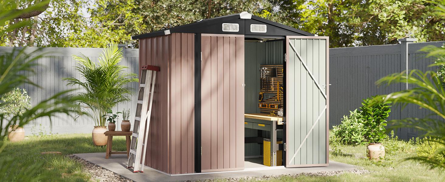 Aoxun Multi-Size Metal Storage Shed | Galvanized Steel, Lockable Doors | Heavy Duty Outdoor Storage for Backyard, Garden, Patio（（4x6FT / 8x10FT /10x12FT）