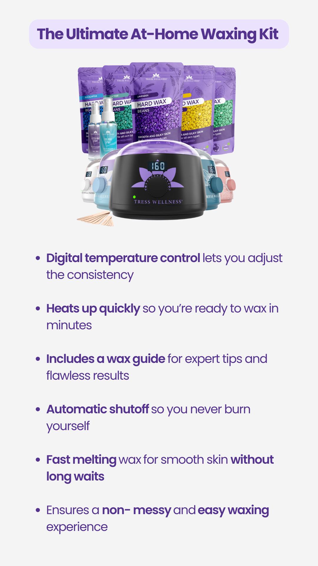 Complete Waxing Kit Set by Tress Wellness | Safe for Full Body Waxing | Armpit, Face, Legs, Brazilian and Bikini Waxing at home | At Home Waxing Kits for Women & Men | Sensitive Skin | Body Care | Waxing Hair Removal Hypoallergenic Wax Beads Hard Wax Kit