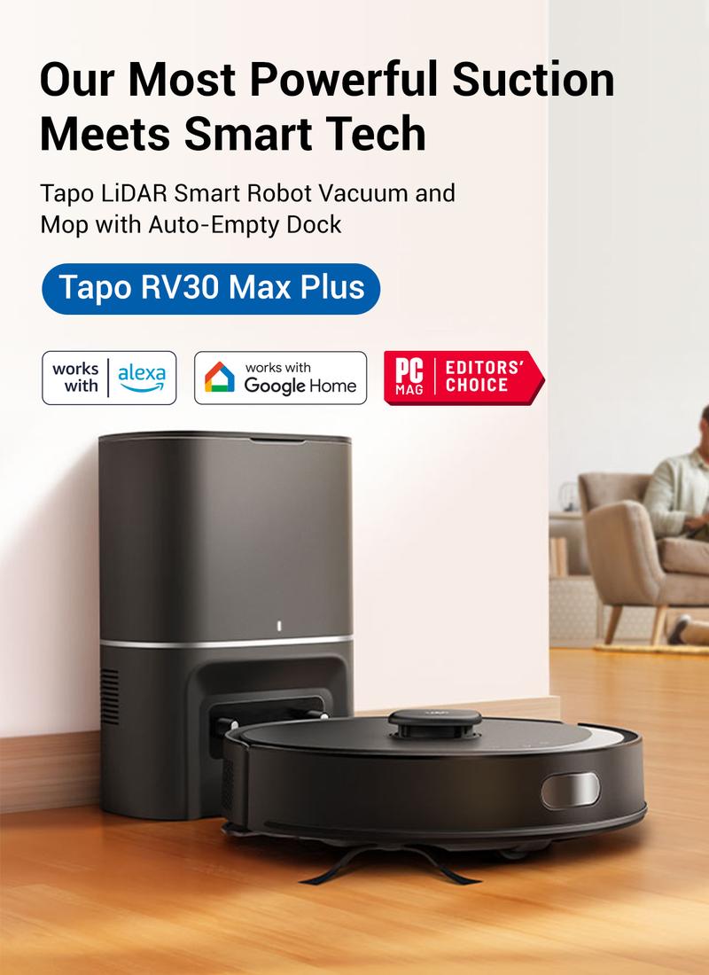 Tapo RV30 MAX Plus: LiDAR Robot Vacuum & Mop with Auto-Empty Dock, 5300Pa,Smart Mapping, Voice Control, 97%+ Dust Pickup, 3L Dust Bag, 2 Months Hands-Free Cleaning