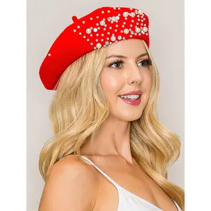 Emily Pearl Rhinestone Embellished Wool Blend Beret