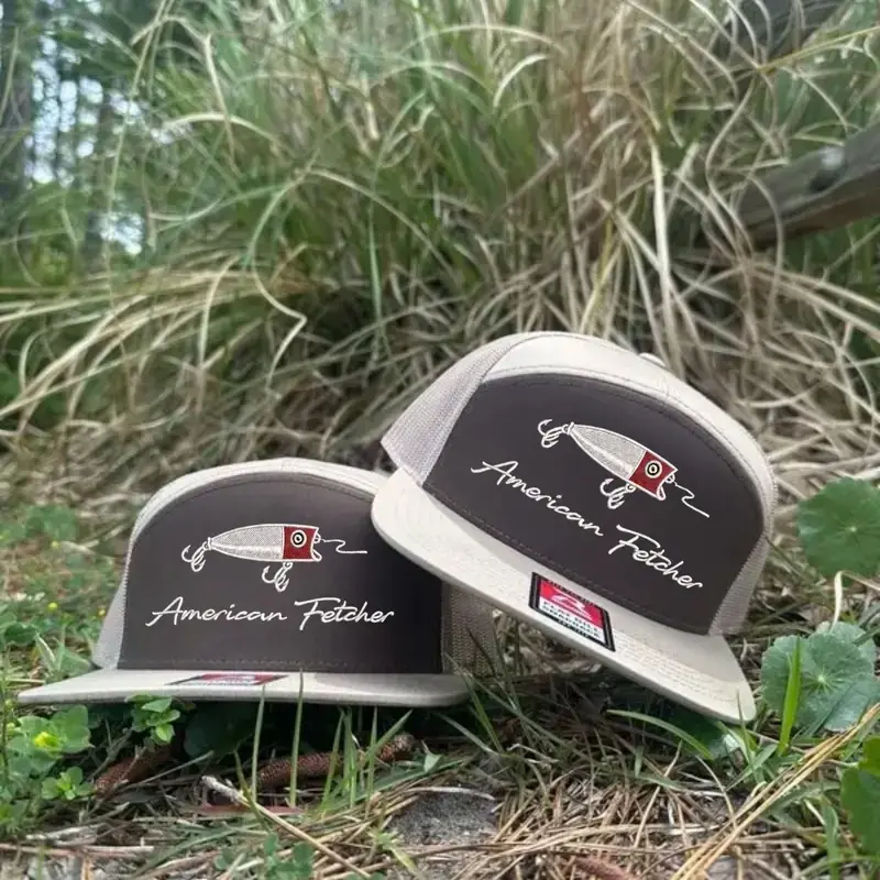 American Fetcher Fishing Lure 7-Panel Trucker Hat | Brown & Khaki Snapback | Tackle & Angler Collection | Multicolor | Black | White | Gift For Him | Gift For Her
