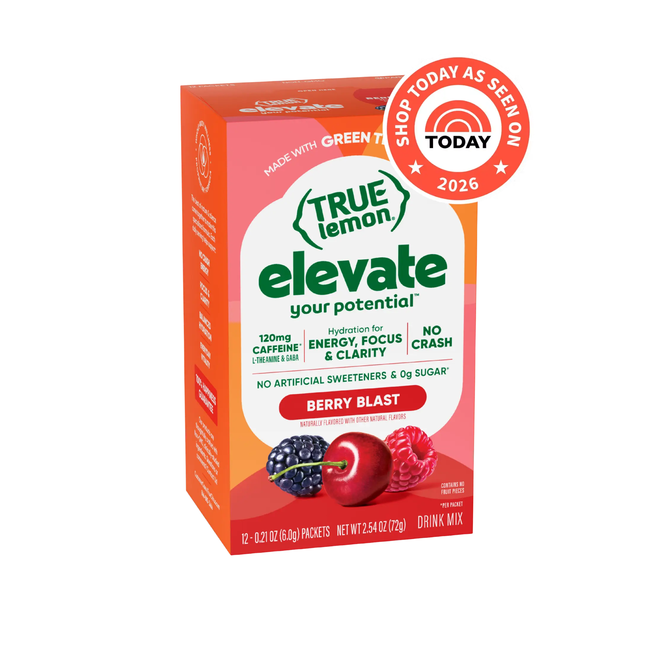 True Lemon Elevate Berry Blast Drink Mix | Green Tea Caffeine + Electrolytes | 0g Sugar, No Artificial Sweeteners