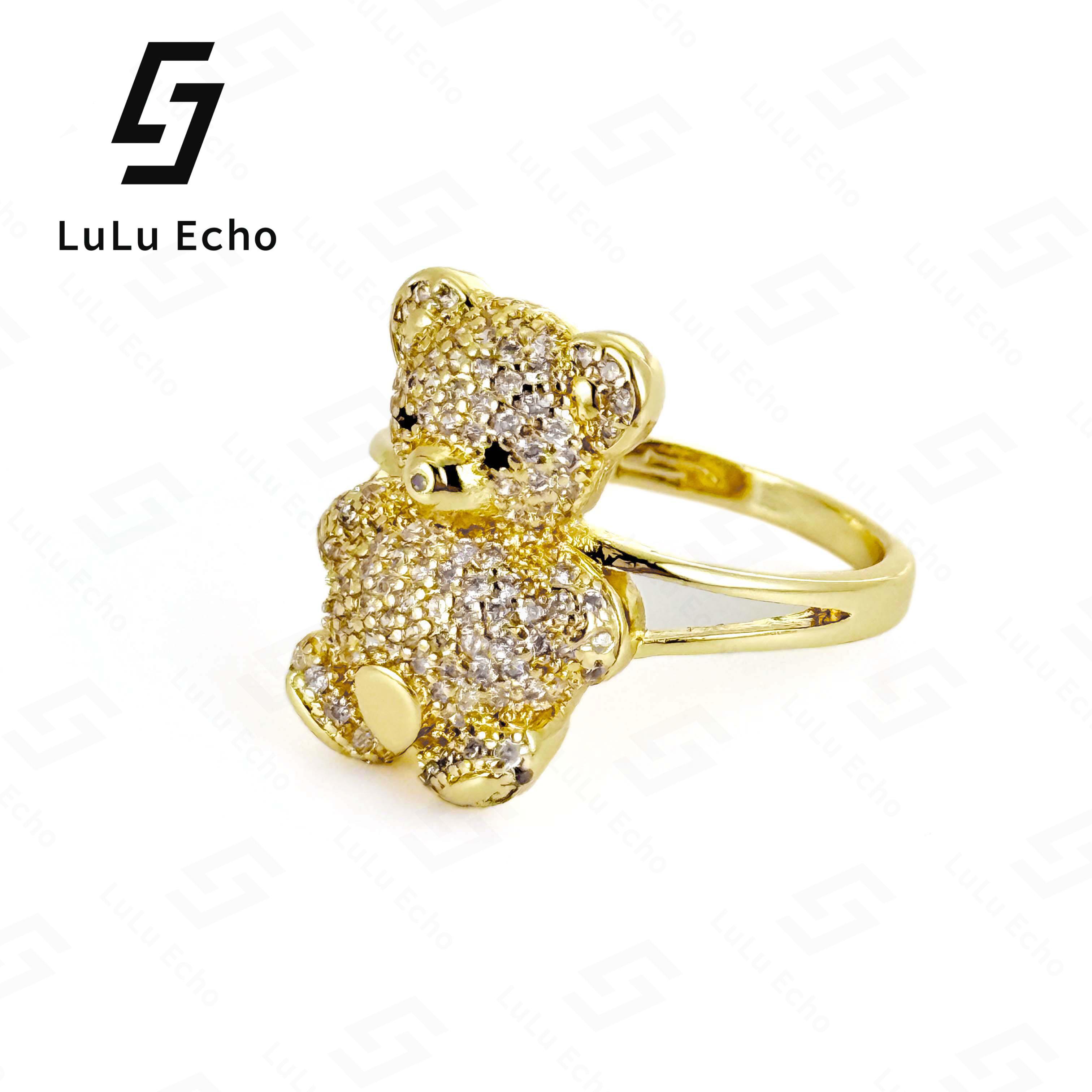 LuLuEcho XP Laminated 14KGold Plated Cluster Iced Out Rings Adorable Bear Design with Sparkling Details Versatile for Any Occasion Elegant Gift