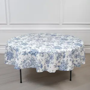 Polyester Round Tablecloth 90" White with Blue French Toile Pattern - Sophisticated Table Cover for Chic Weddings & Events