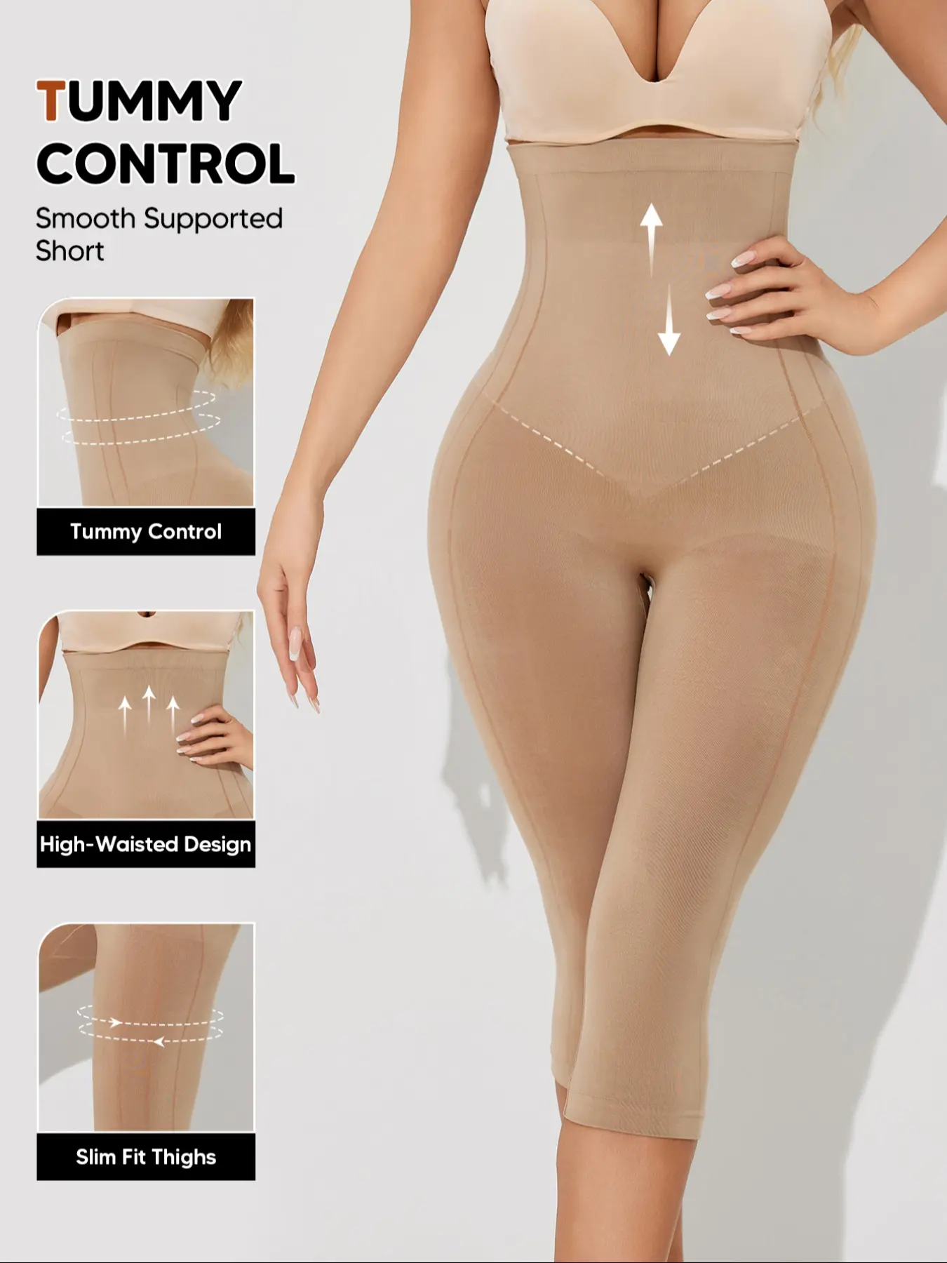 Women's High-Waisted Seamless Smooth Faja Compression Shapewear Capris, Nude Open Crotch Compression Pants, Tummy Control & Thigh Slimming, High Waist Sculpting, Sku Qzs063a00-Alm