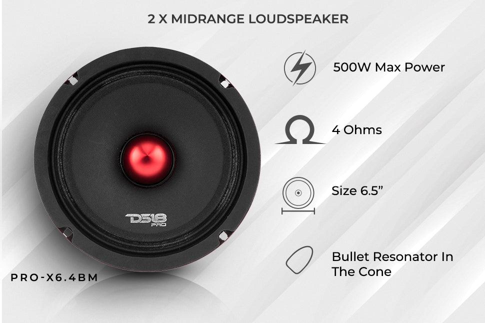 Mid and High Car Speaker Package - 2 X 6.5" Midrange, 2 X 1" Tweeters, Built-in Crossover (PRO-X6.4BMPK)