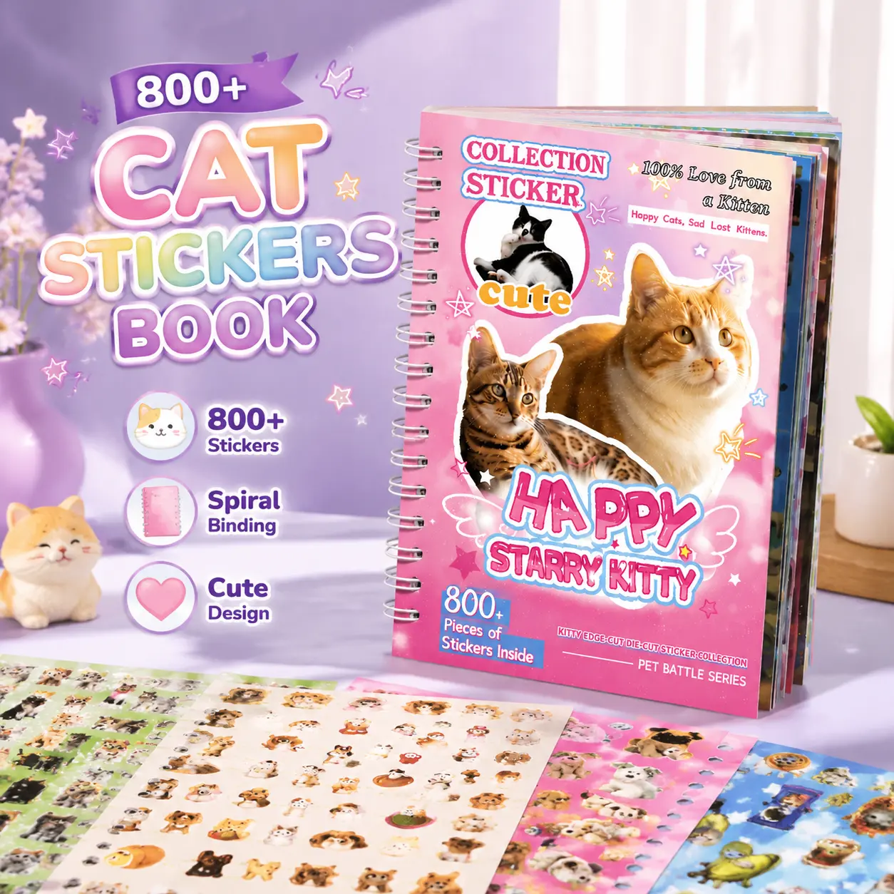 Cat & Dog Sticker Book with Meme Stickers, 30 Sheets 800+ Die Cut Aesthetic Pet Stickers, Cute Kawaii Stickers for Scrapbooking, Journaling, Planner, DIY Crafts, Sticker Album with Premium Art Paper, Back to School Supplies, Pet Lover Gifts