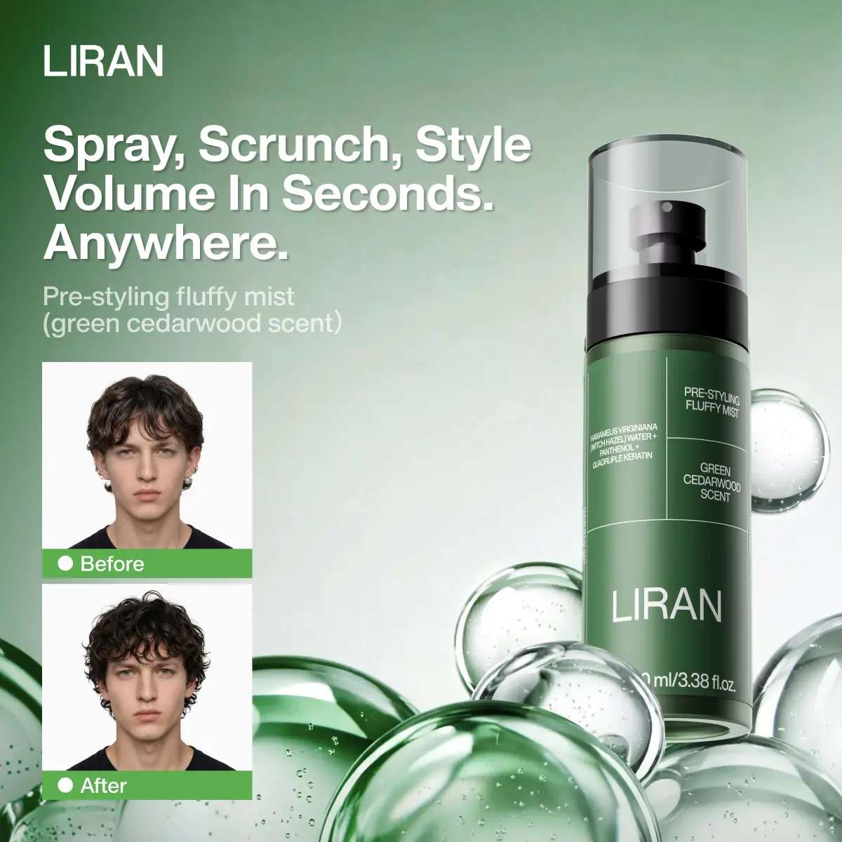 LIRAN  Hair Styling Spray - Haircare Texturizing Mist for Volume, Matte Finish, Instant Lift, Natural Waves, Long-Lasting Hold, Scented Green Cedarwood, 100ml Daily Lightweight Male Father's Day Gift summeressentials