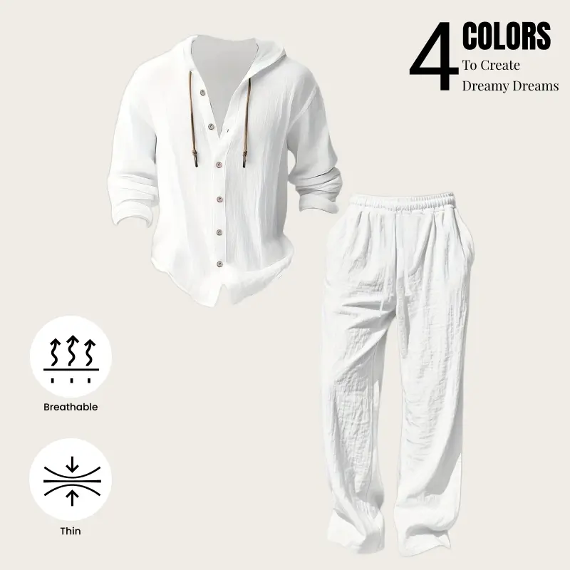 Men's Trendy Linen Hooded Two-Piece Set Casual Vacation Style Loose Fit Breathable Fabric Hoodie & Wide-Leg Pants Spring & Fall Wear Clothes Menswear