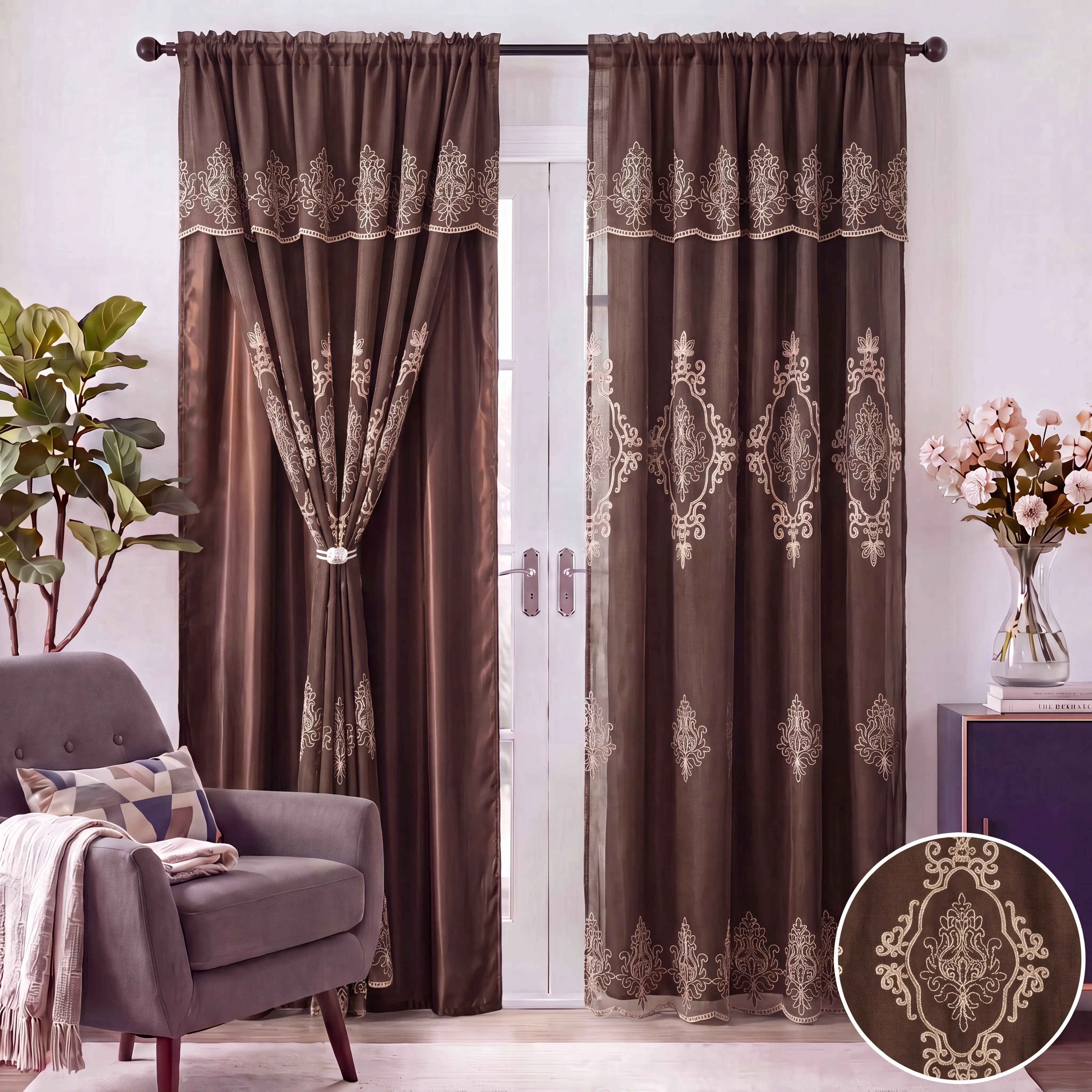 Vintage 2-Panel Damask Embroidery Blackout Curtain Set - 52x84 in Low Iron, Anti-Shrink, Breathable Curtain Panels, Double Layer with Waterfall Valance & Rod Pocket, Decorative Textiles for Living Rooms, Bedrooms, Do Not Bleach
