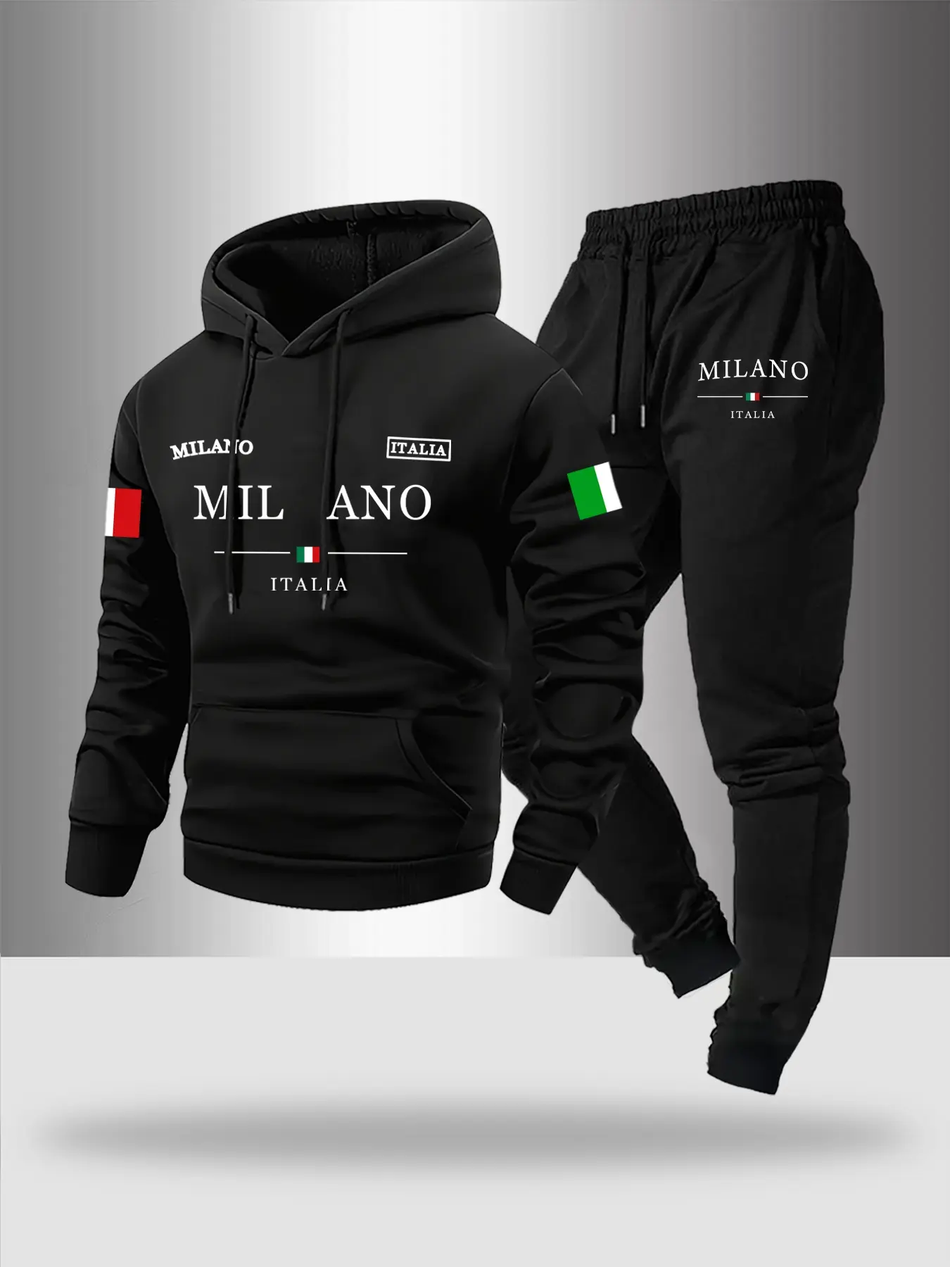 Men's Fall Winter 2 Piece Set Suits Matching Milano Letter Print Long Sleeve Hoodie & Jogger Pants, Casual Soft Thick Fabric, Comfortable Fitted Design, Menswear