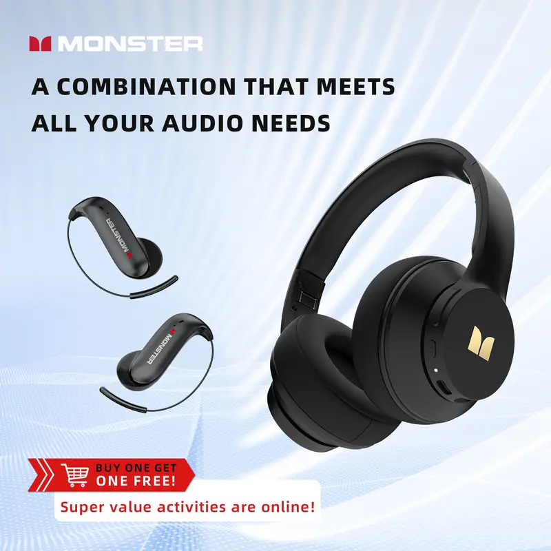 Monster Over-Ear Headphones & EarBuds Bluetooth Combo – Deep Bass, Clear Sound, Noise Cancelling Mic, Zero-Gravity Titanium Ear-Hook, Noise Isolation,Waterproof, 165H Playtime, Foldable Wireless Headset for Travel, Work - TikTokShopBackToSchool, Electroni