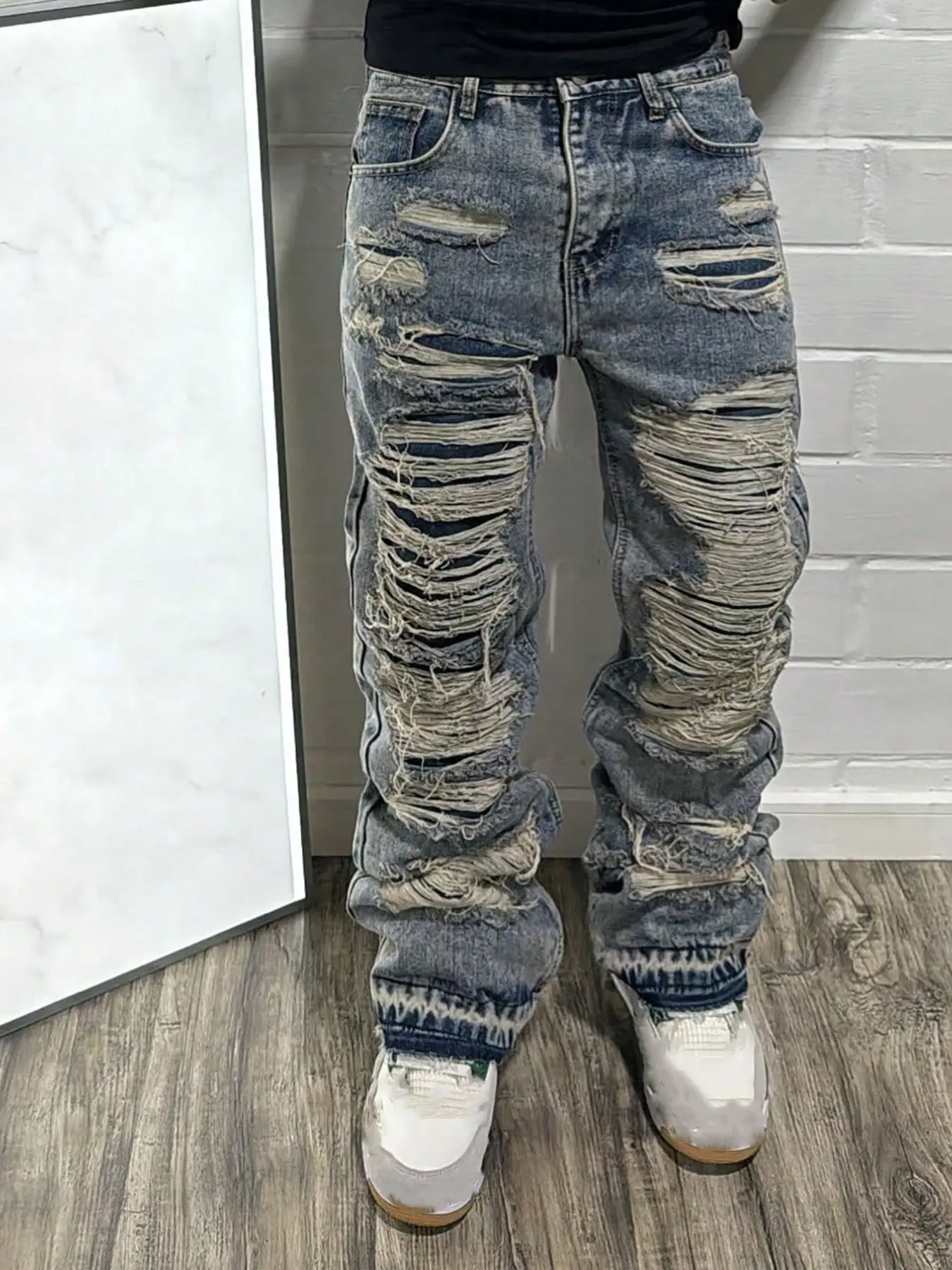 Y2K Streetwear Ripped Catwalk Style Straight Leg Denim Jeans, Cotton Material Pants, Casual Daily Wear, All-Season Fashion, Menswear
