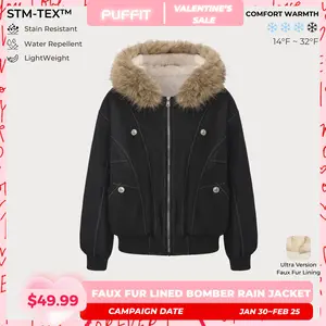 PUFFIT STM-TEX Faux Fur Lined Waterproof Bomber Jacket With Faux Fur Collar Hood,Elegant And Sophisticated,Enhances Warmth, Providing A Soft,Beautiful And Warm, Offering Both Style And Practicality,Y2K Style