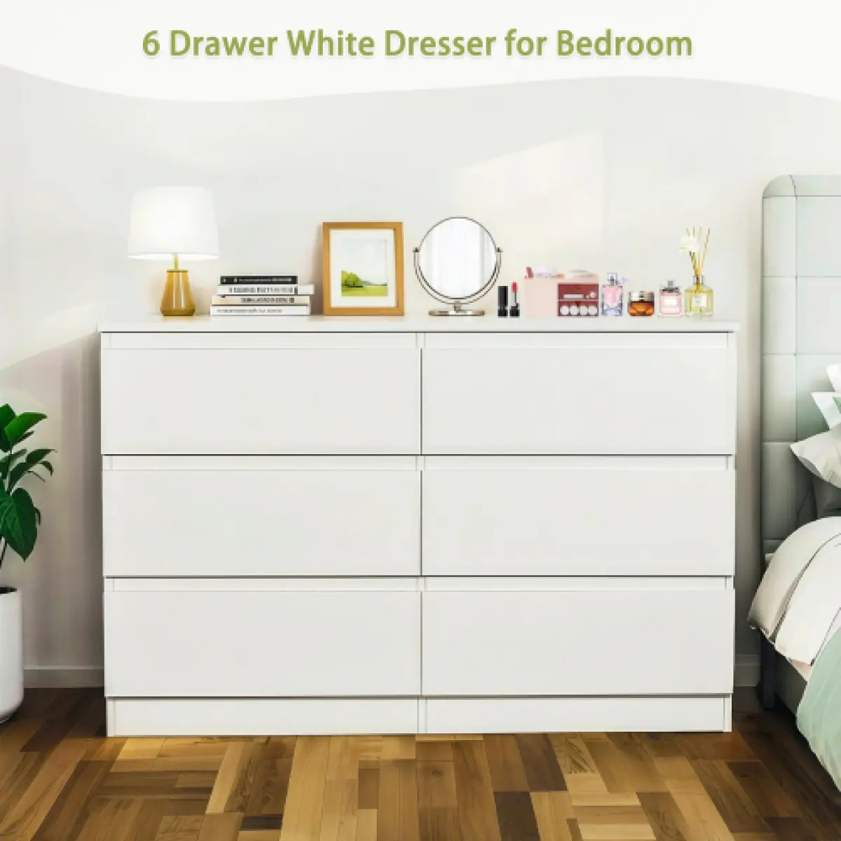 Modern White 6-Drawer Wood Cabinet Chest - Bedroom Dresser, Clothing Storage Cupboards Dresser, Sideboard with Spacious Countertop & Concealed Handles, 15.7" D x 47.2" W x 30.9" H (Bedroom, Living Room)