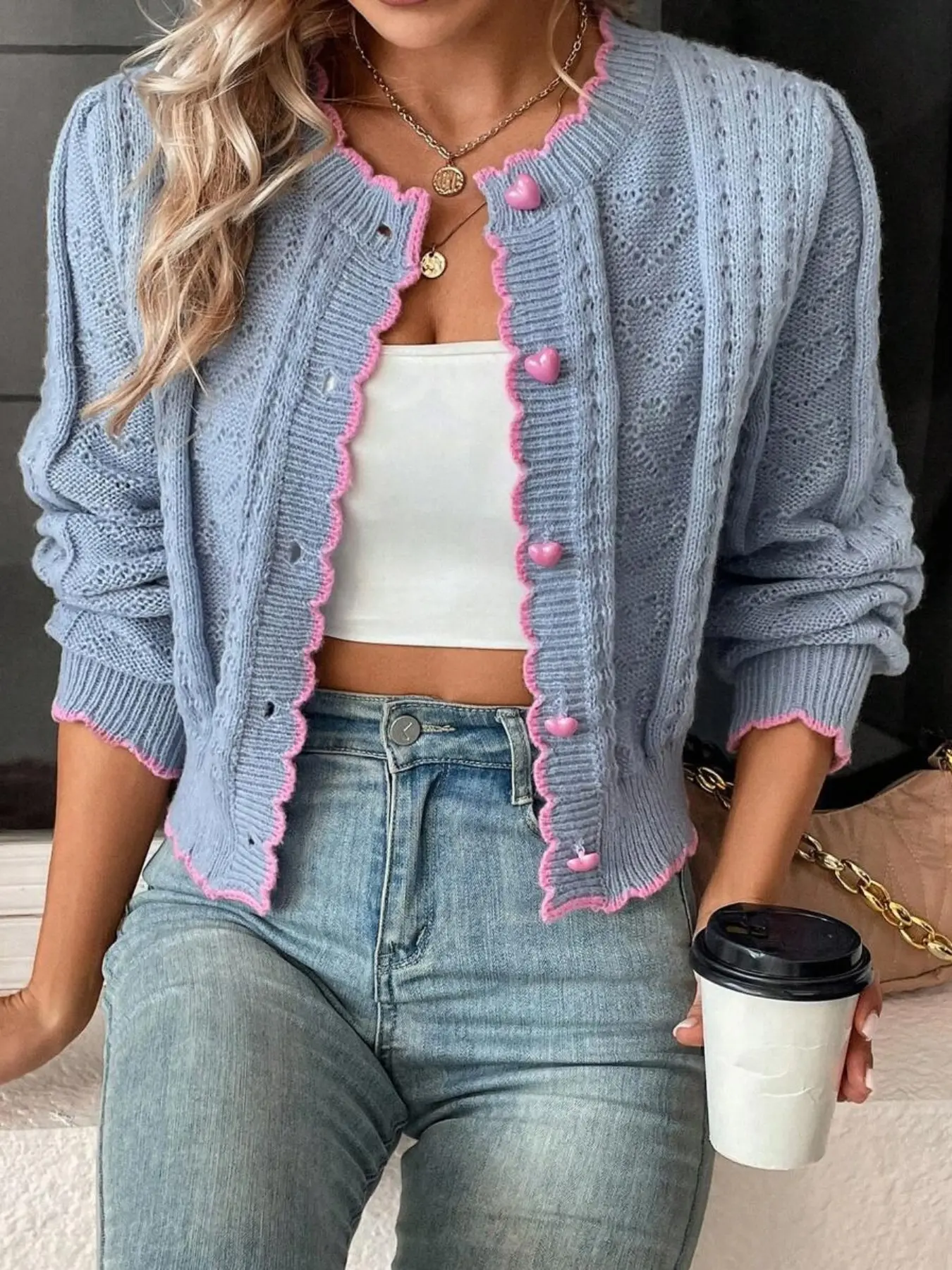 Women's Cute Heart Pattern Cable Knit, Knitting, Colorblock Sweater Cardigan Knitwear, Autumn/Winter Long Sleeve Button Front Crew Neck Ruffle Trim, Daily Casual Cozy Baggy Loose Lightweight, Women Fall Outfit