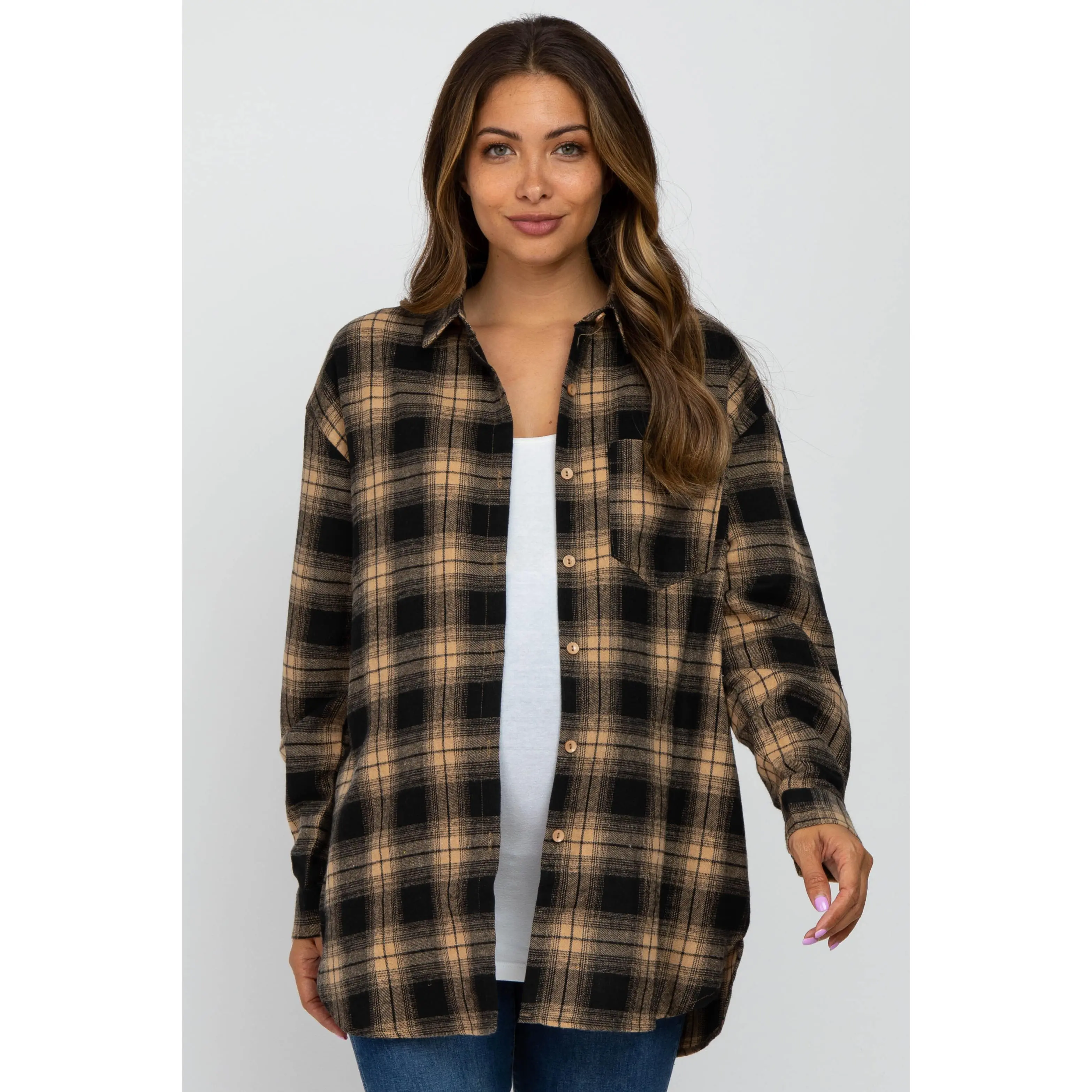 Taupe Black Plaid Button Down Maternity Top