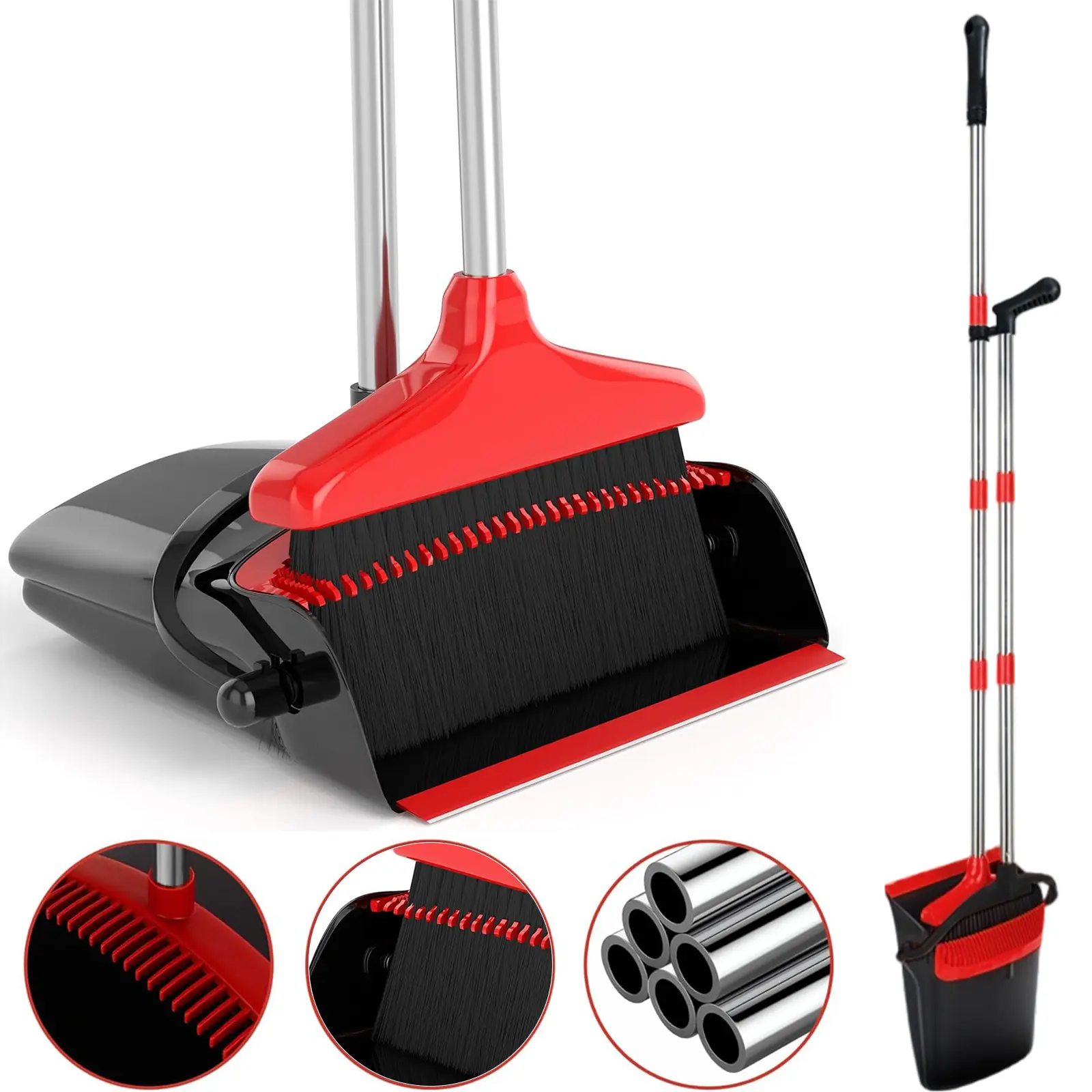 Broom with Dustpan Combo Set, Upright Broom and Dustpan with 45.7" Long Handle, Built-in Comb Teeth for Convenient Sweeping, Suitable for Indoor & Outdoor Cleaning