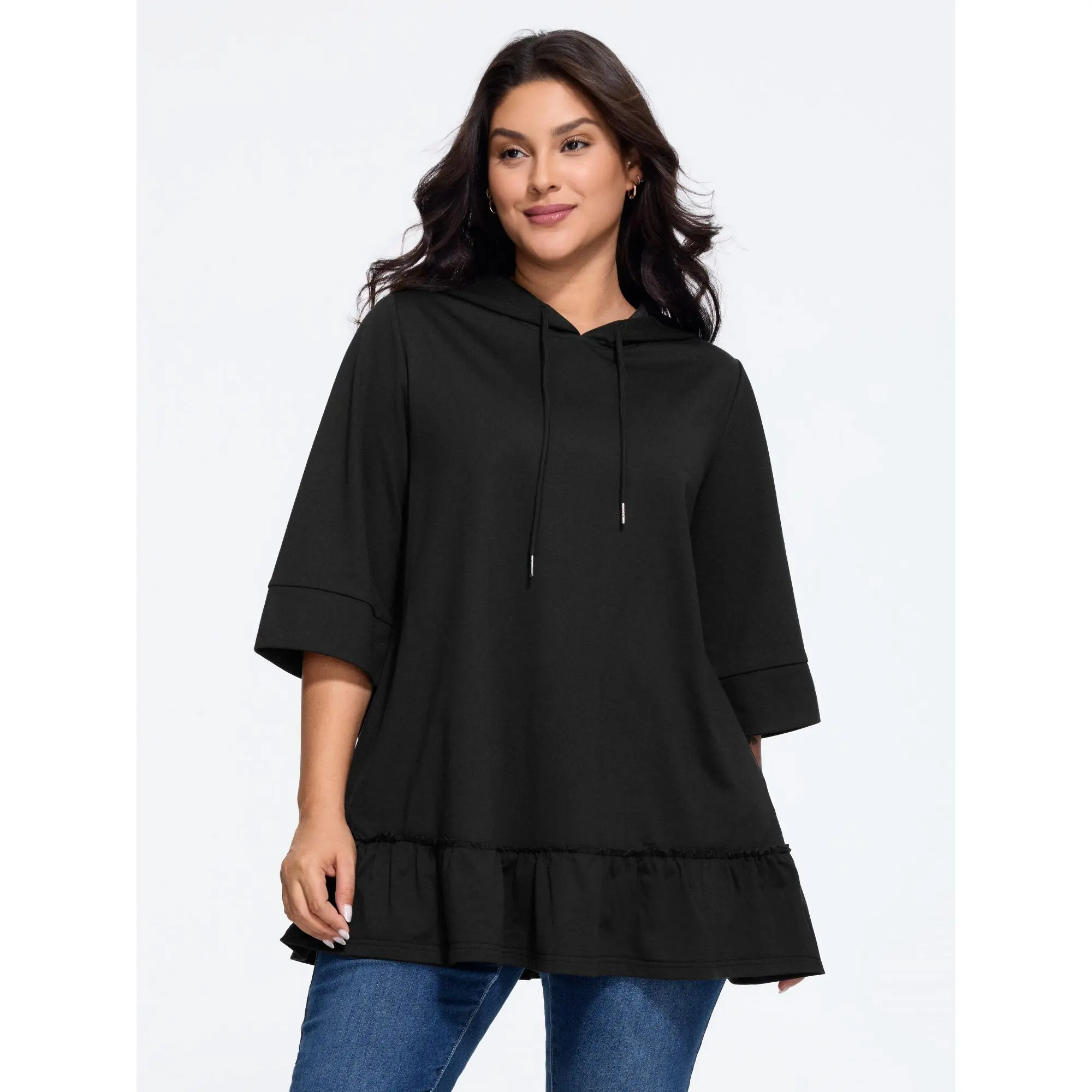 BloomChic Women's Plus Size Polyester Hooded Sweatshirt - 3/4 Roll-Up Sleeves, Pocket, Solid Fabric Garment, Tops for Back To School, Spotlight Day [M-6X]