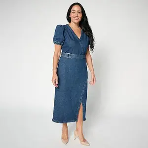 G by Giuliana Puff-Sleeve Denim Dress with Belt