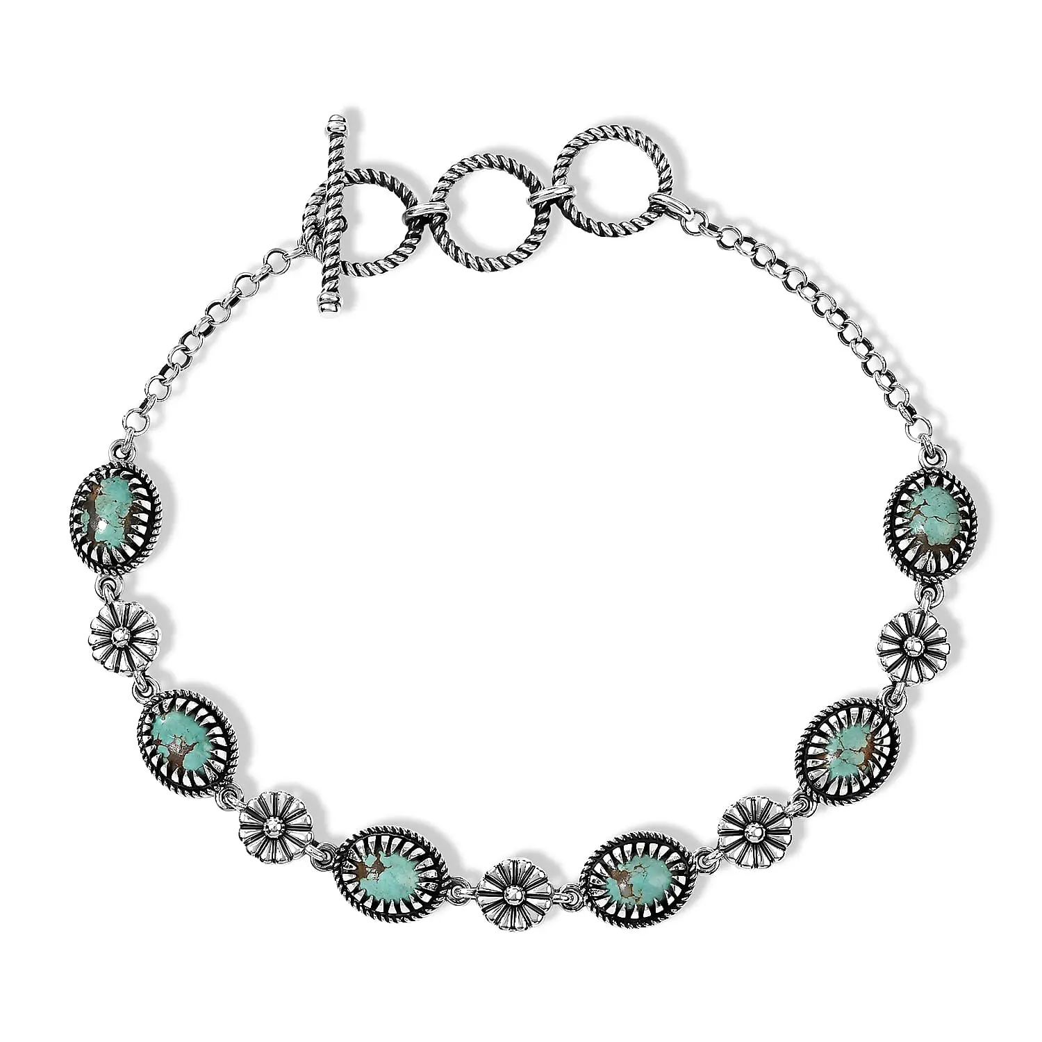 D'Joy Artisan Crafted Premium Royston Turquoise Bracelet in Sterling Silver (6.50-8.0In) 4.20 ctw