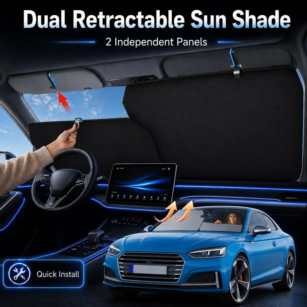 EURVET 2026 Portable Car Sunshade - Reflective Adjustable Retractable Sunshade for Car Windshield, UV & Heat Protection, Quick Install Foldable Window Shades for Outdoor Activities, Universal Front Vehicle Fit