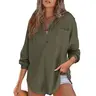EVALESS Women's Oversized Collared Henley Waffle Pullover - Solid Green, Breathable Lightweight Mesh Knit, Button V-Neck Long Sleeve Elegant Tunic Blouse for 2026 Casual Fall Outfits