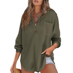 EVALESS Women's Oversized Henley Waffle Shirts Tops Button V Neck Long Sleeve Lightweight Mesh Knitwear Tunic Blouses 2026 Casual Fall Outfits Green Minimalist Style  Deals For You Days