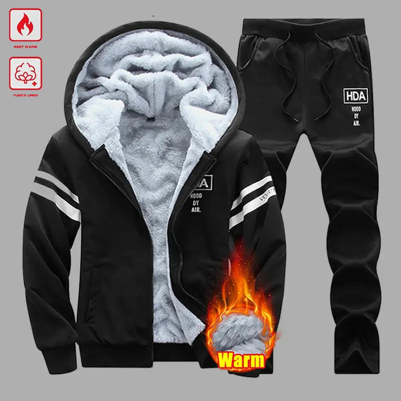 Men's 2-Piece Winter Plain Longsleeves Fleece Hoodie & Drawstring Straight-Leg Draped Casual Pants Set - Thick Warm Zip-Front Hoodie Jacket, Ribbed Cuffs, Windproof Lining, Comfortable for Outdoor Hikes, Gym, Everyday Relaxing