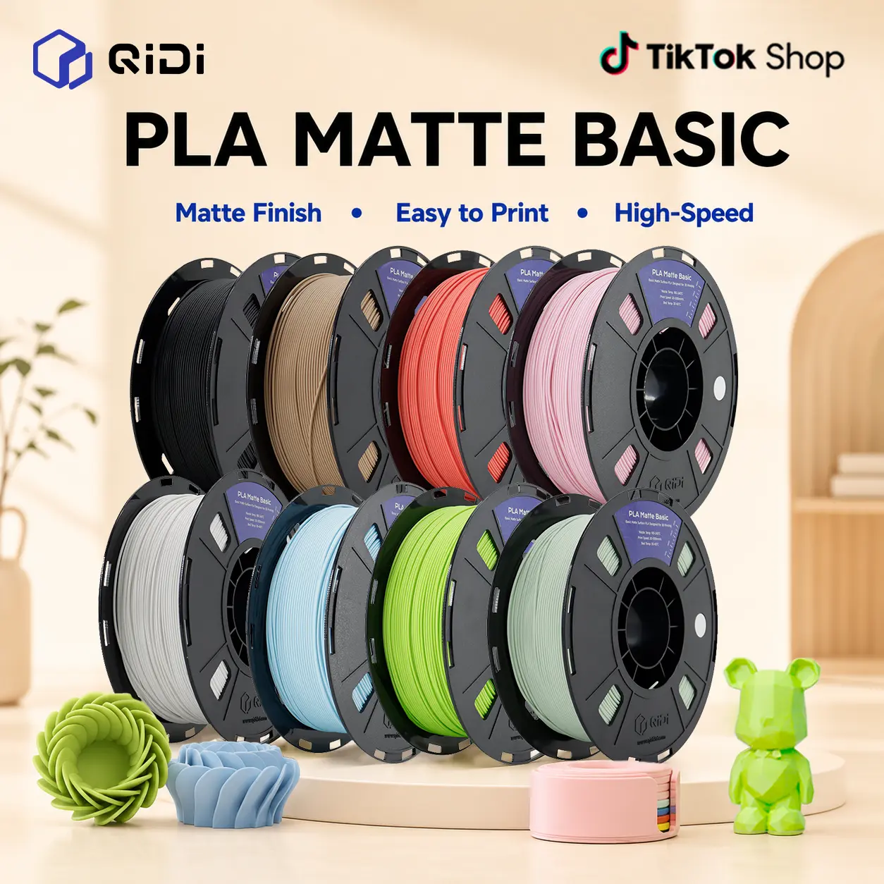 QIDI PLA Matte Basic 3D Printer Filament 1.75mm 1kg Spool (2.2lbs) - Corn Starch & Potato Starch Blend, Easy-to-Print, 300mm/s High-Speed Printing, RFID Auto Recognition, Compatible with Most FDM Printers for Artistic Pieces, 3D Printing, Easy Support Rem