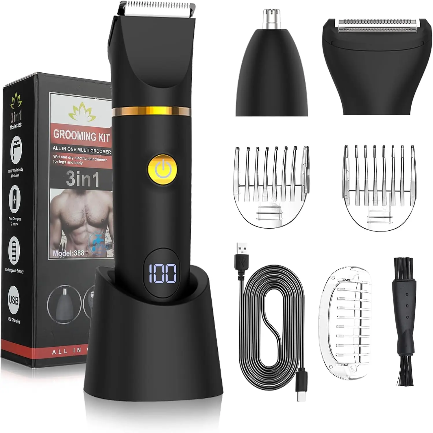 Men's Multifunctional USB Rechargeable Waterproof Hair Removal Trimmer - IPX6 Wet/Dry Electric Grooming Kit for Groin Ball, Beard, Nose, Ear Grooming (Black), Groin Ball Trimmer,back to school,back to school haul